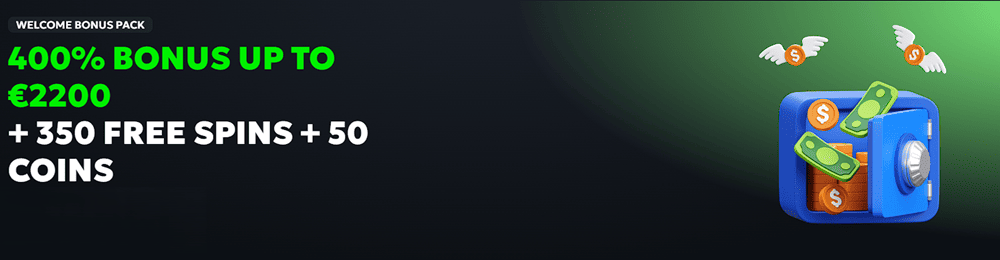 Welcome bonus pack: 400% bonus up to 2200 US dollars plus free spins and coins.