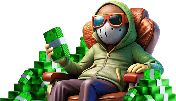 Illustration: stylised character in a chair with stacks of play money.